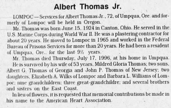 Obituary for Albert Thomas, 1924-1996 (Aged 72)